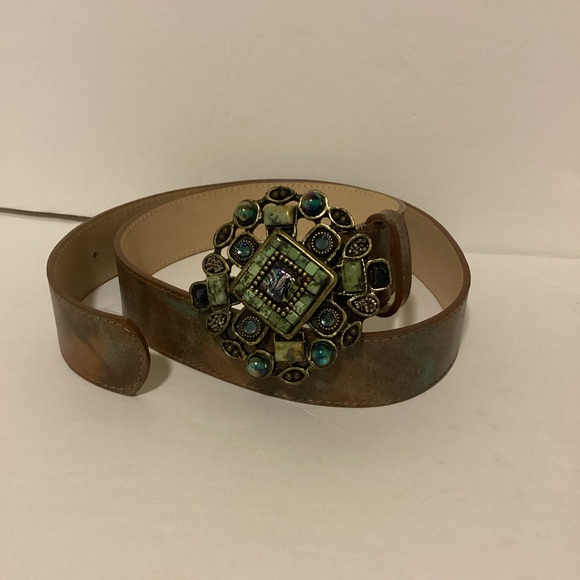 Leatherock 9379 Leather Belt Brown Mosaic Stone Buckle Medium Western Statement main image 11